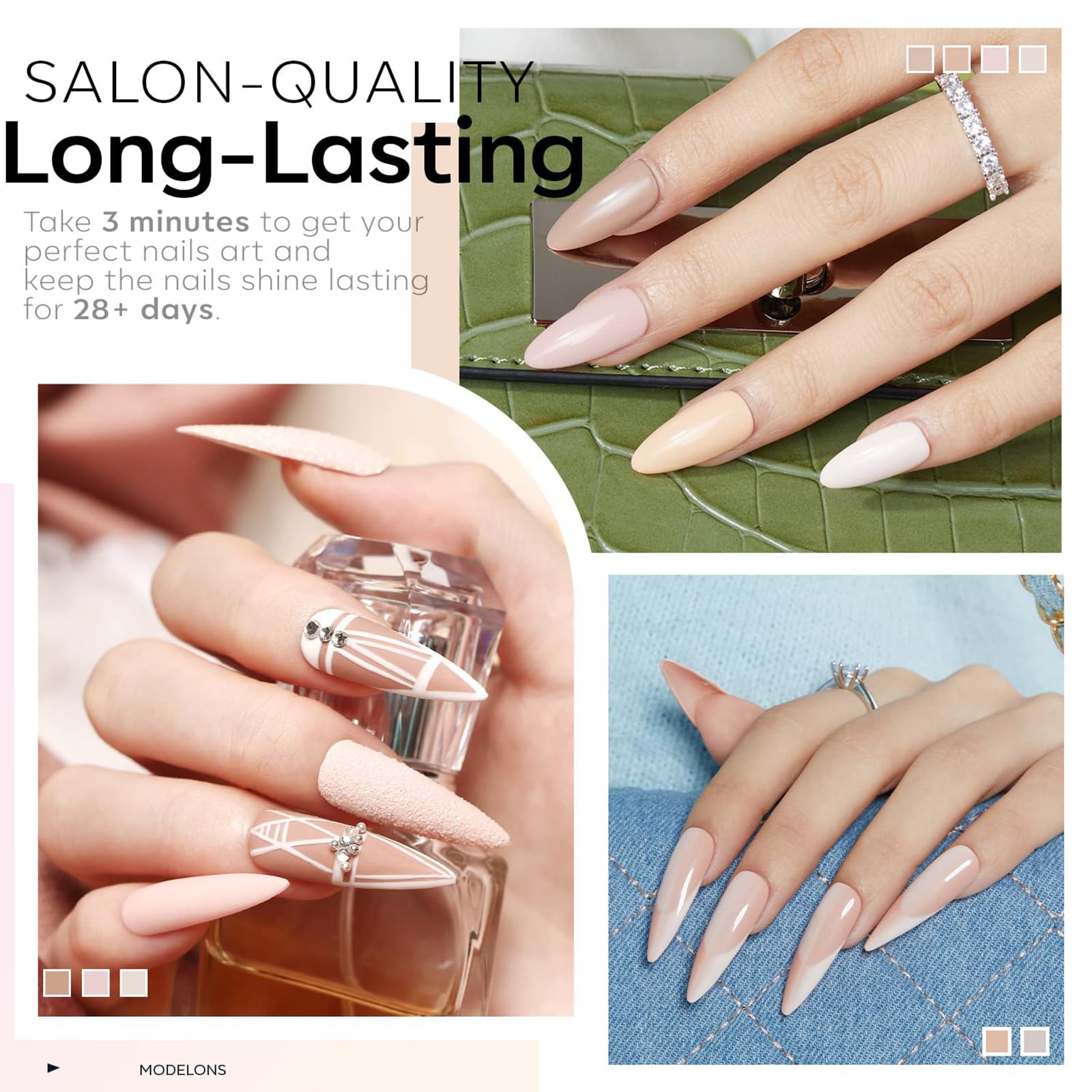 Modelones Nude Gel Nail Polish Set color swatches display versatile neutral tones for all seasons.