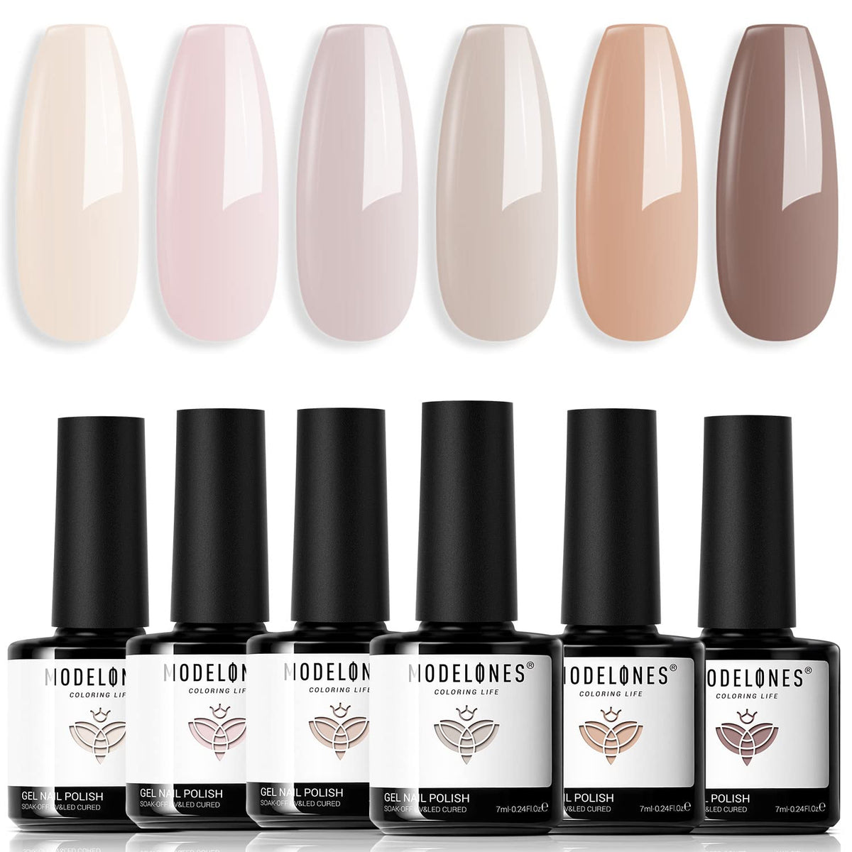 Modelones Nude Gel Nail Polish Set front packaging shows six creamy nude shades for at‑home manicure.
