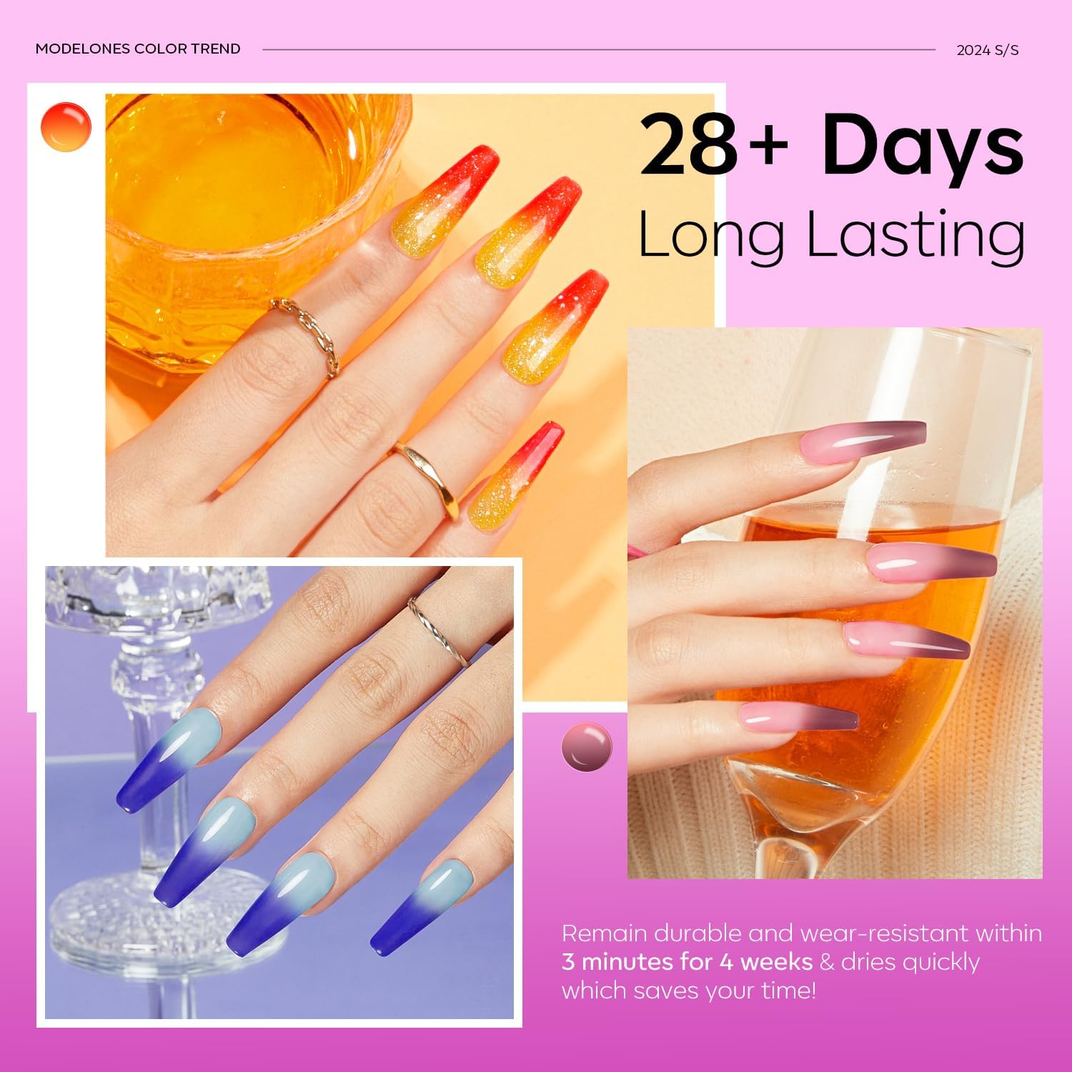 Modelones ombre cocktail-inspired swatches demonstrate mood change on nails.