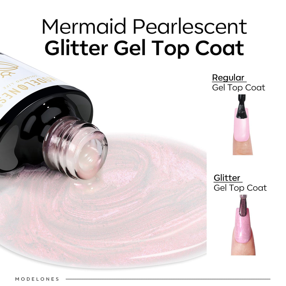 Modelones Pearl Gel Top Coat, primer plano de brillo perlado para un acabado glamoroso.