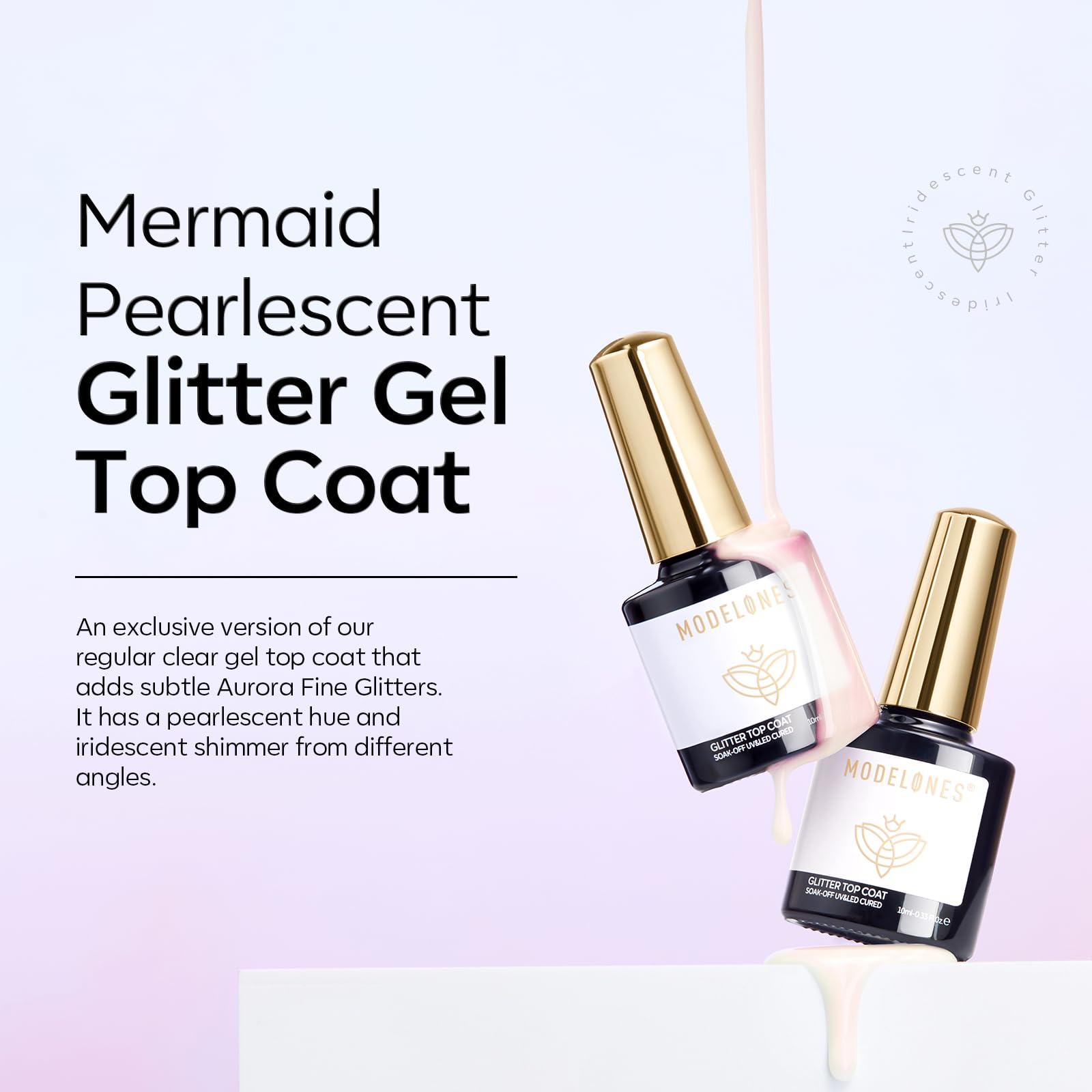 Modelones Pearl Gel Top Coat, empaque elegante para colección de manicura en casa.