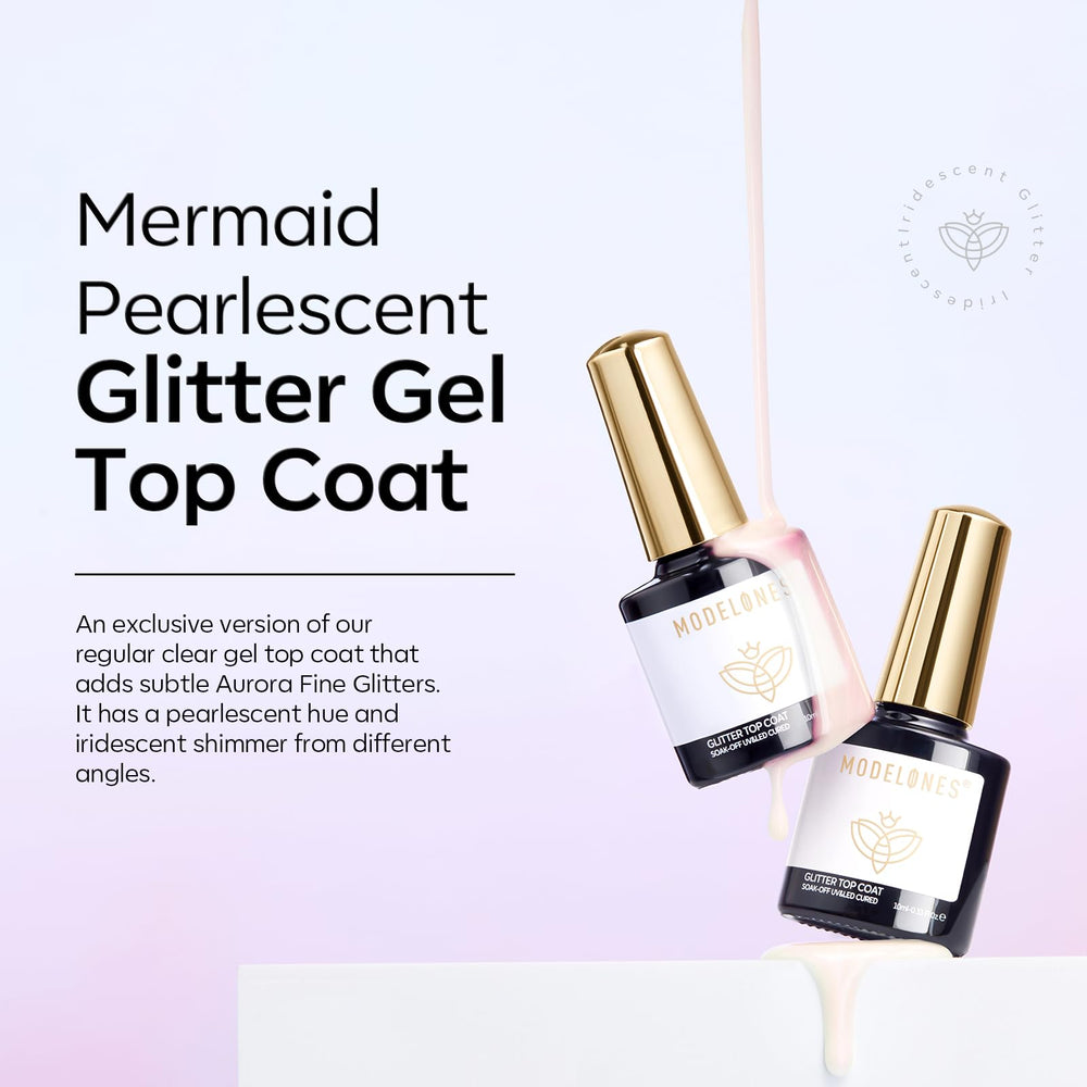 Modelones Pearl Gel Top Coat, empaque elegante para colección de manicura en casa.