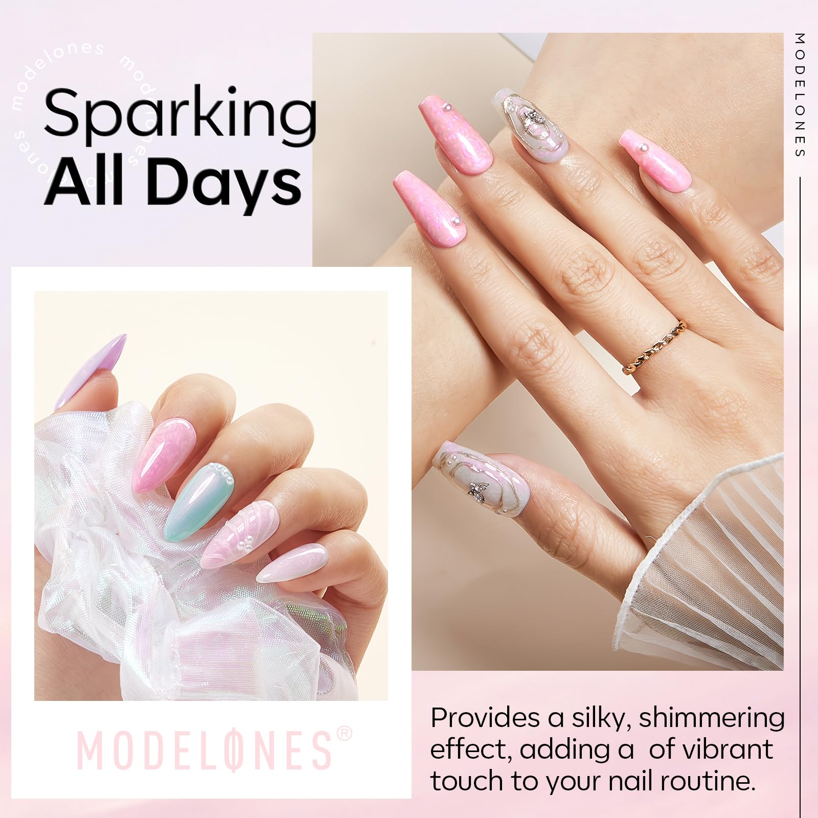 Modelones Pearl Gel Top Coat en preparación de uñas para manicura profesional en casa.