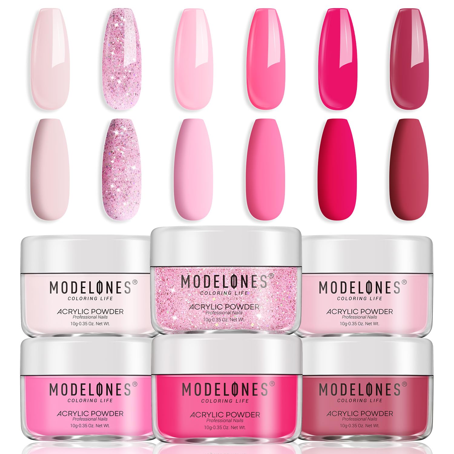 Modelones Pink Acrylic Powder 6 Colors swatch showcases versatile seasonal hues for manicure variety