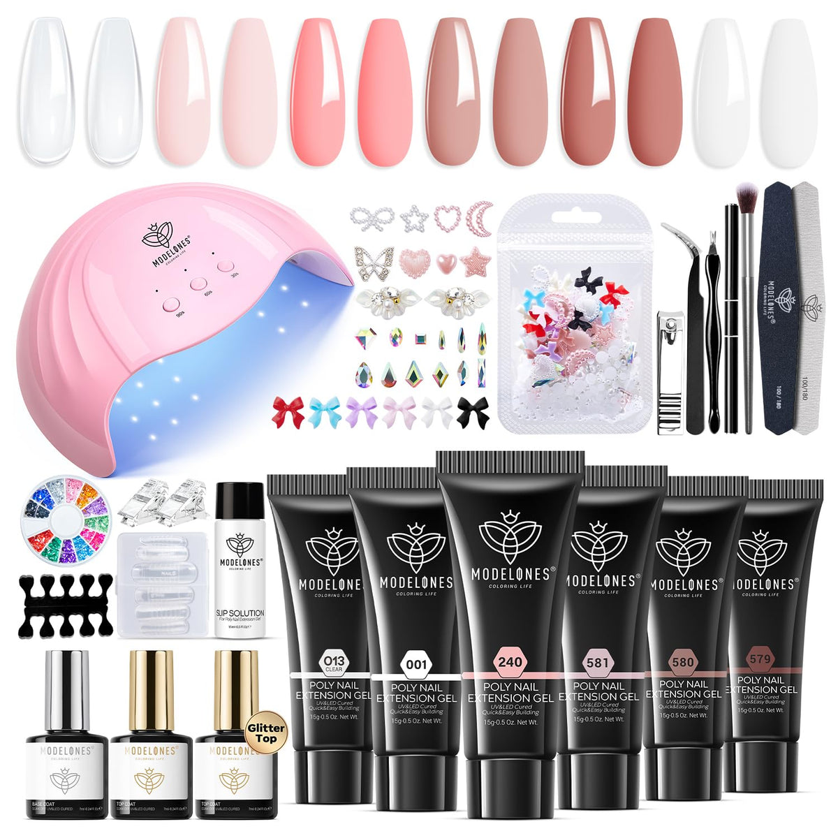 Modelones poly extension gel kit in pink-nude colors for at-home salon-worthy nails.