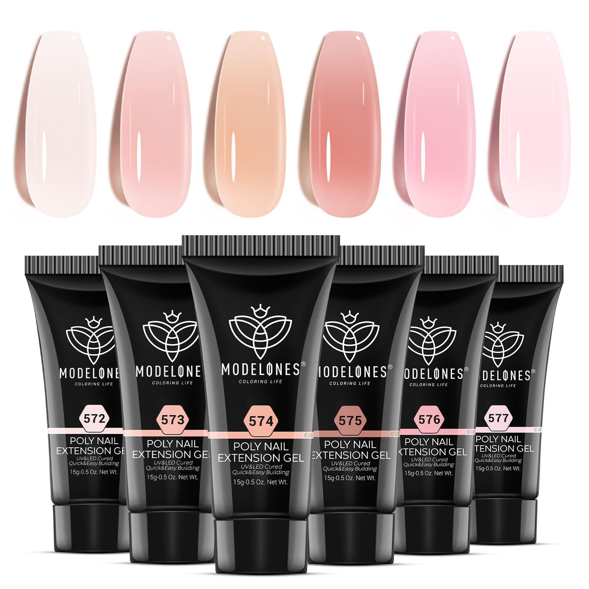 Modelones poly gel set showcases six jelly colors for versatile nail designs.