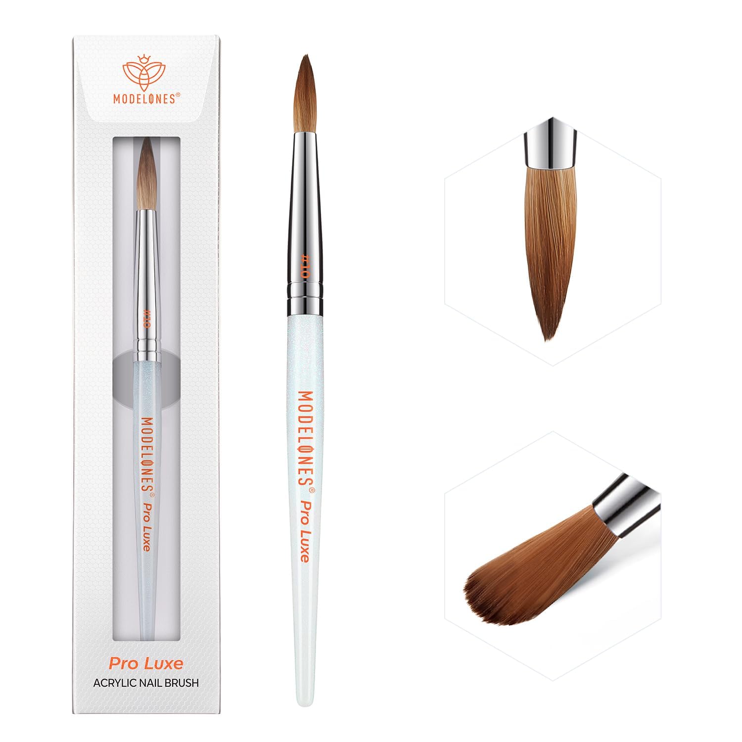 Modelones Pro Luxe acrylic brush closeup shows Kolinsky sable bristles for precise, smooth application.