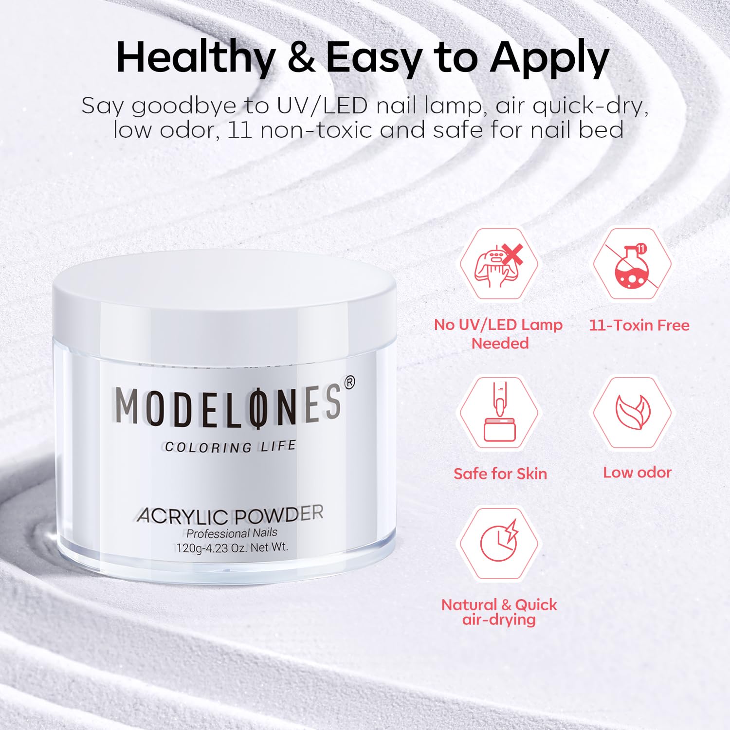 Modelones professional nail studio setup shows powder for chip-resistant, lasting results.