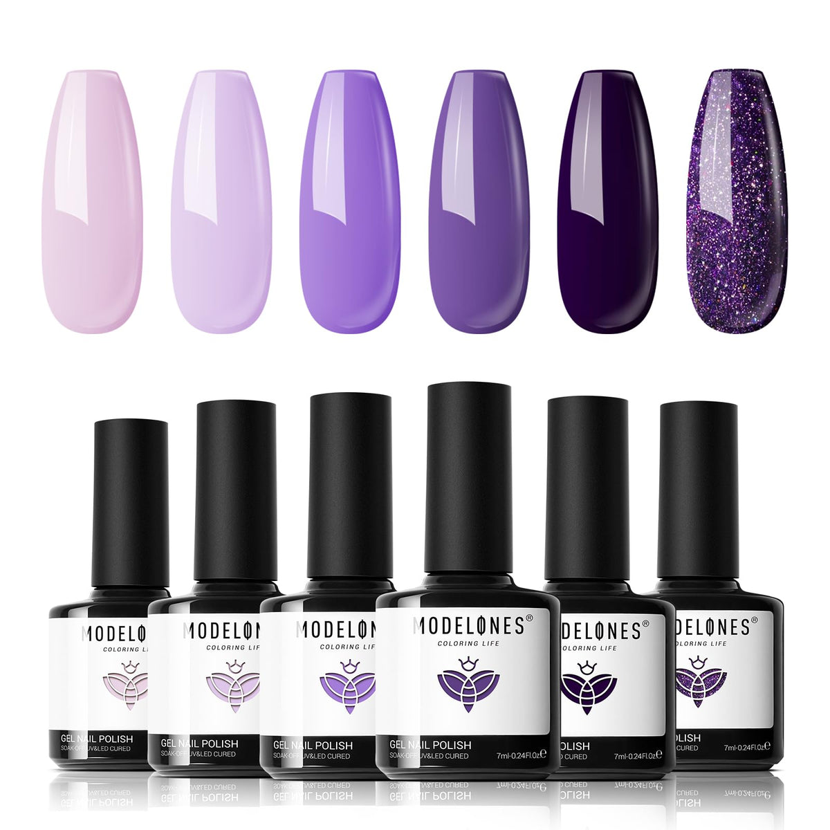 Modelones purple gel nail polish set in front box, gift-ready for at-home manicures.
