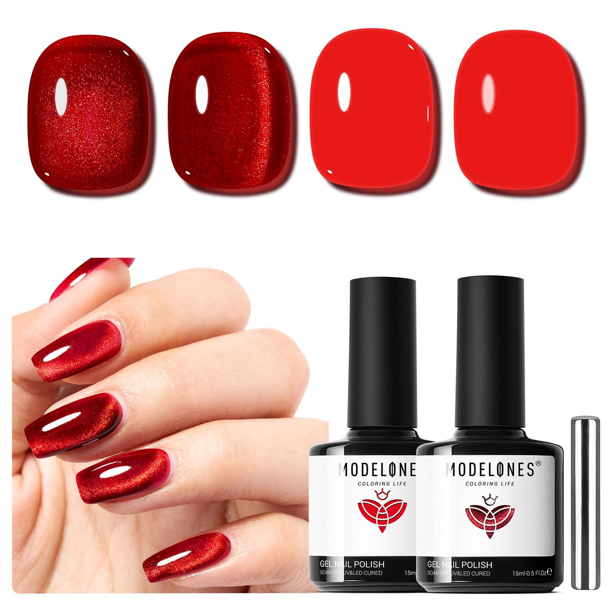Modelones Red Cat Eye gel polish bottle close-up with vivid color and shimmer.