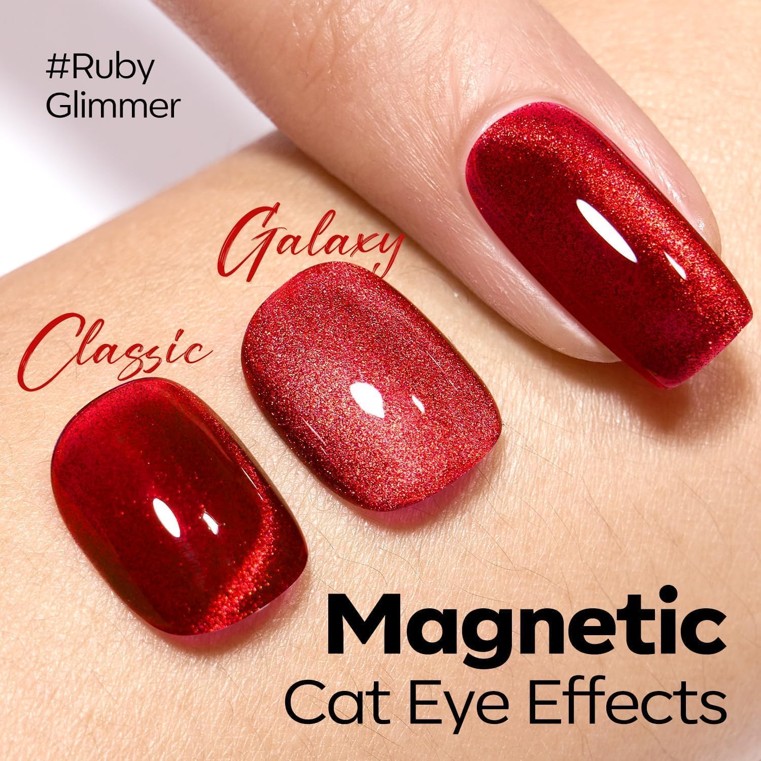 Modelones Red Cat Eye gel polish being applied on nails for smooth, even coverage.
