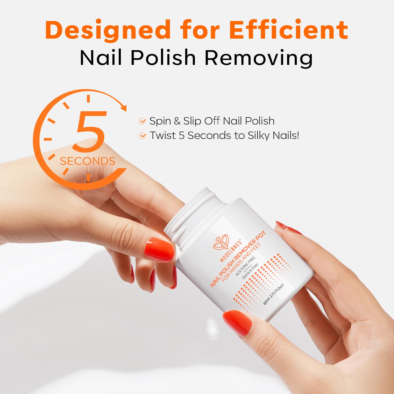 Modelones remover pot being used by fingers for quick polish removal.