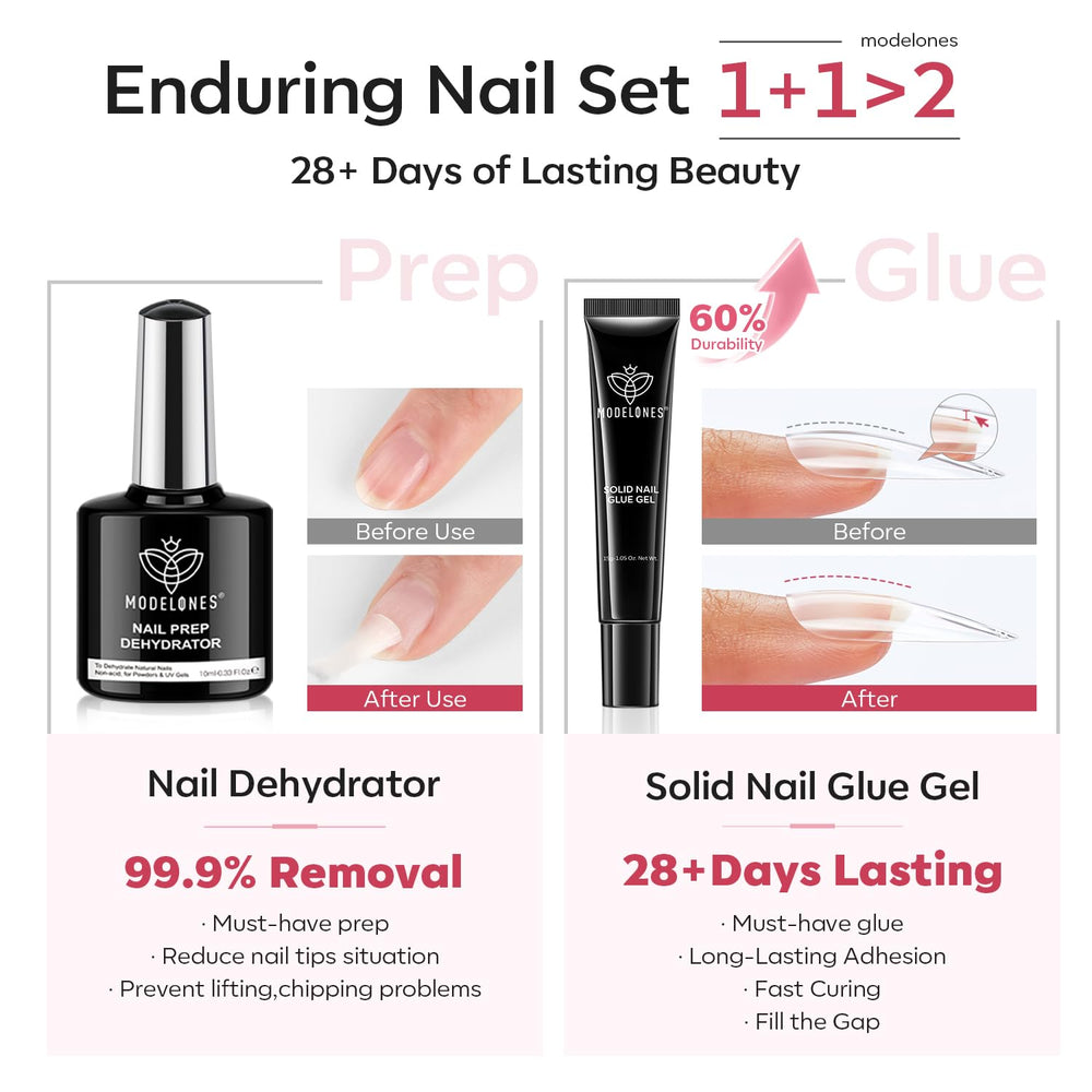 Modelones solid nail glue and dehydrator duo delivering strong lasting adhesion with prep.