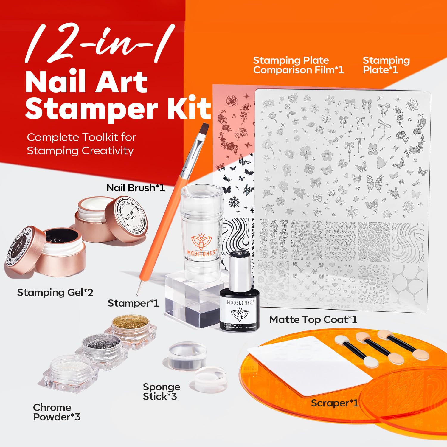 Modelones stamping plate with multi-design template for creative nail art options.