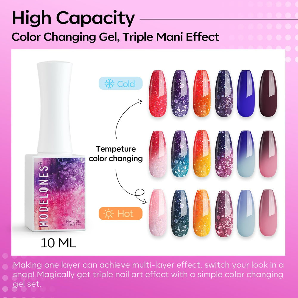 Modelones temperature-change gel nails showing color shift on fingertips.
