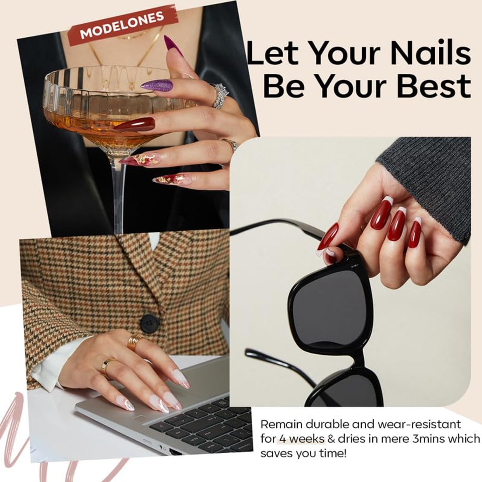Modelones glossy top coat bottle delivers a high-shine finish.