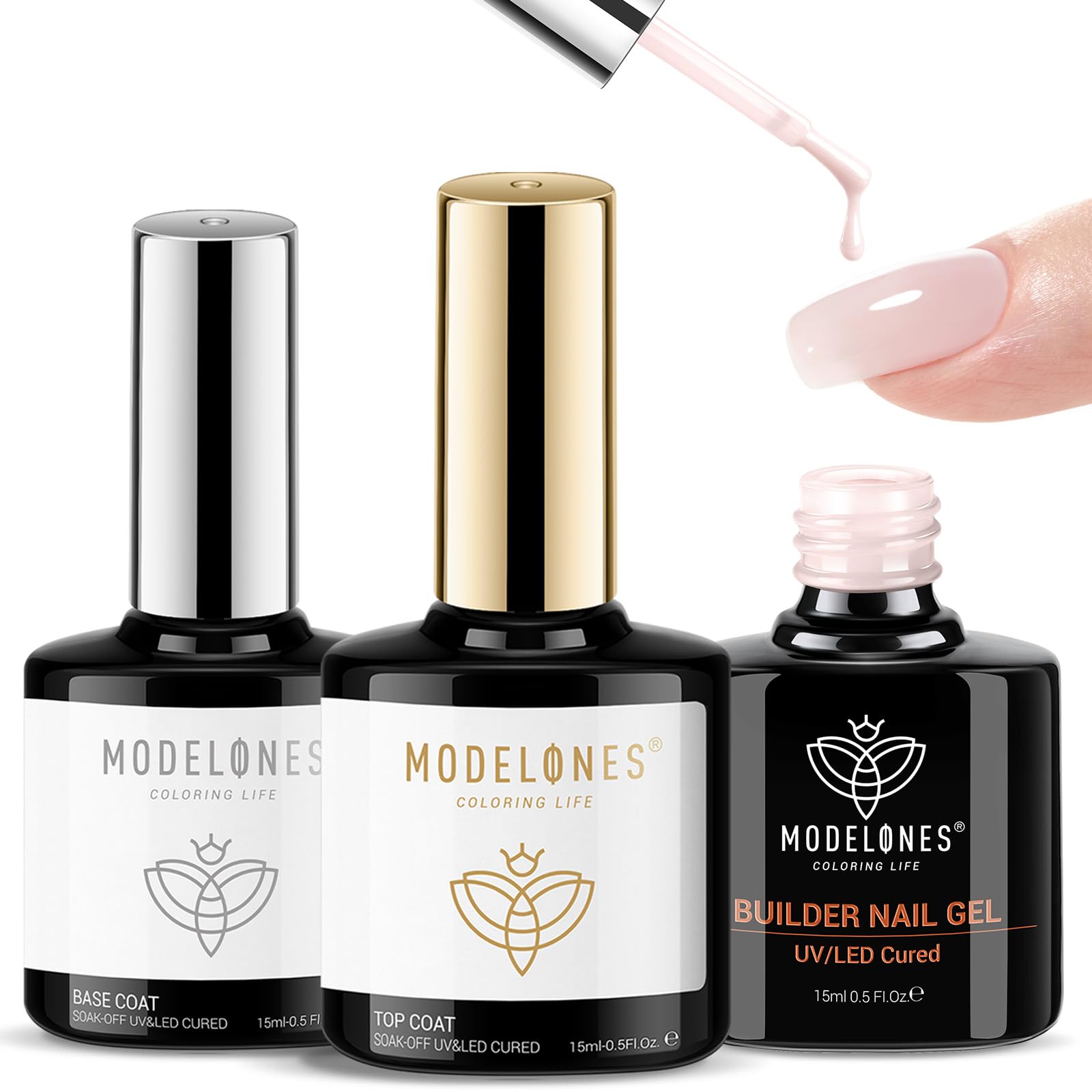 Modelones top coat nail gel nude pink application showcases glossy finish and protection.