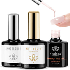 Modelones top coat nail gel nude pink application showcases glossy finish and protection.