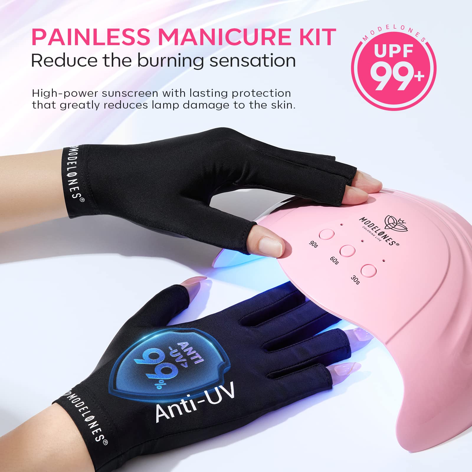 Modelones UPF99+ gloves protect hands during nail drying.