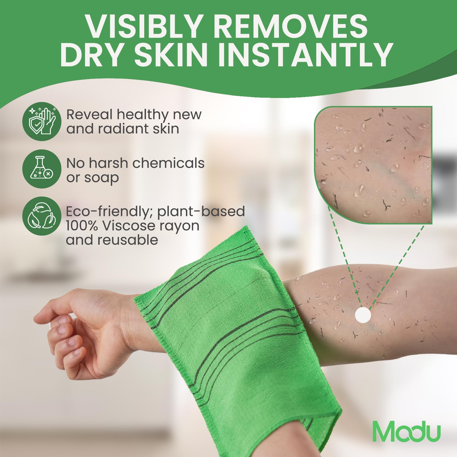 Modu exfoliating mitts green close-up texture highlighting soft vegan viscose fibers