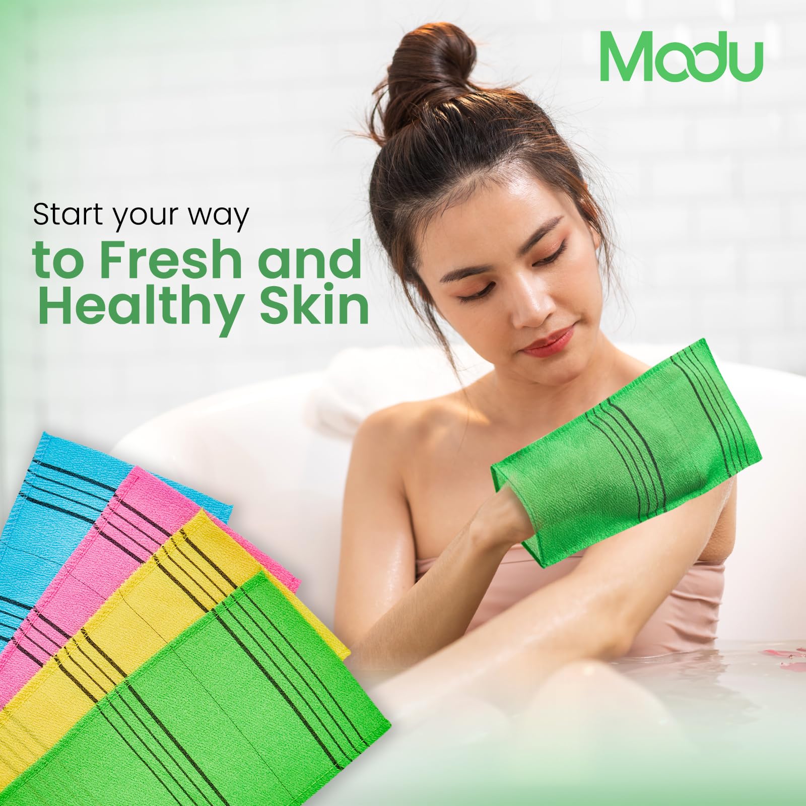 Modu green mitt worn on arm in shower during cleansing ritual