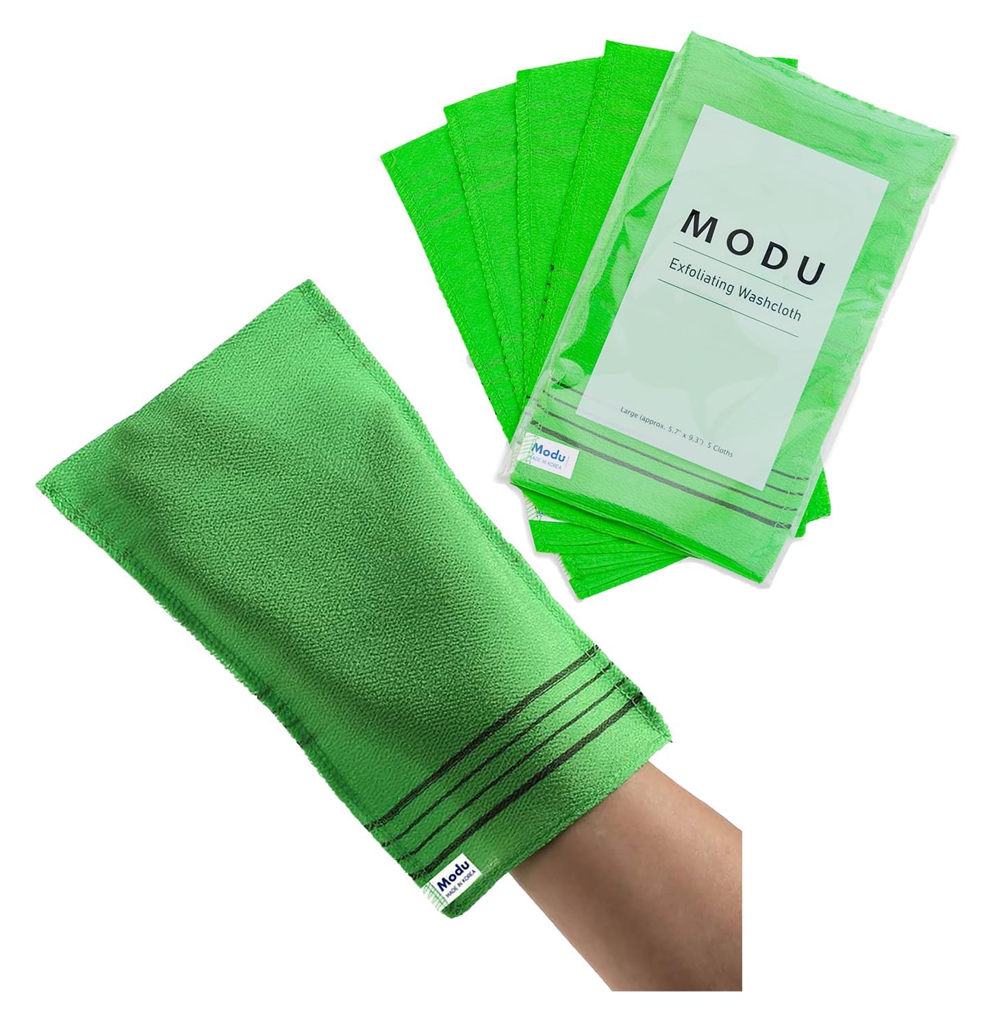 Modu Korean exfoliating mitts green 5-piece pack for at-home spa exfoliation that reveals smoother skin