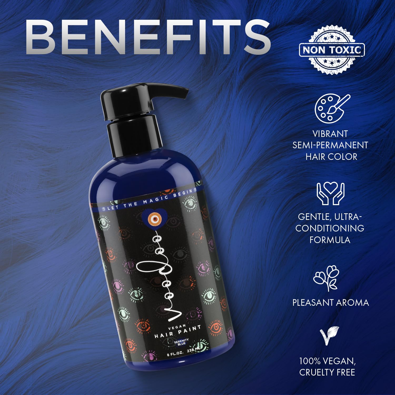 MOEHAIR Serenity Blue hair-application shows smooth, even color deposit on strands.