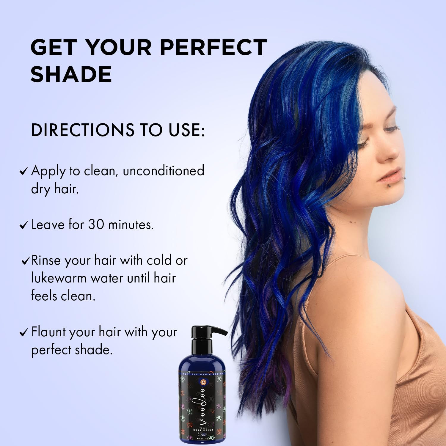 MOEHAIR Serenity Blue hair-shine image reflects nourished color with gentle, vegan formula.