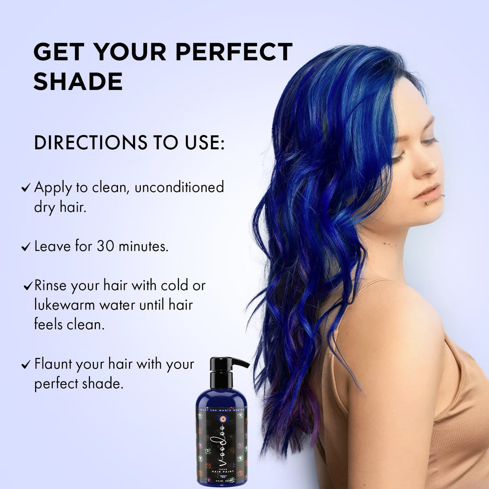 MOEHAIR Serenity Blue hair-shine image reflects nourished color with gentle, vegan formula.