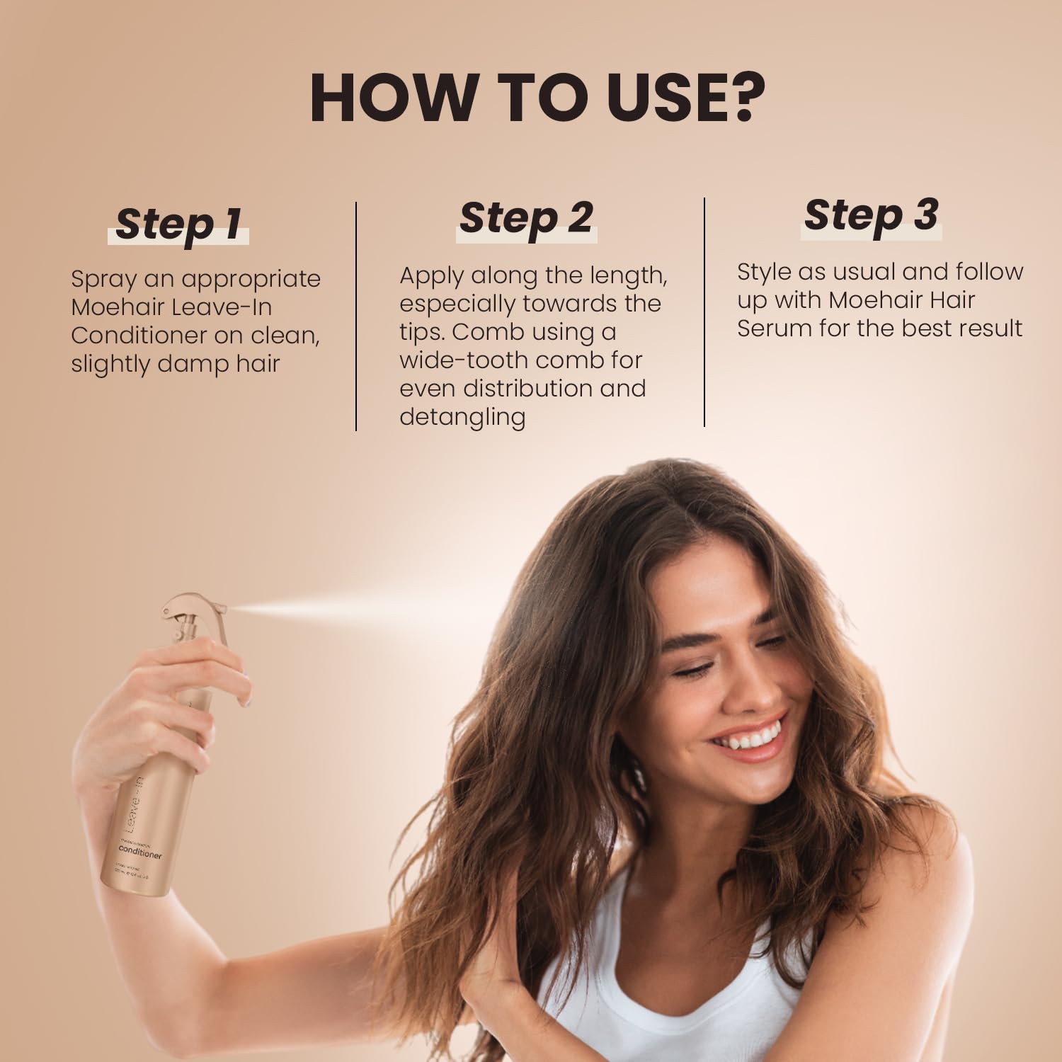 MOEHAIR Leave-in Conditioner curly-definition demonstrates defined curls with reduced frizz