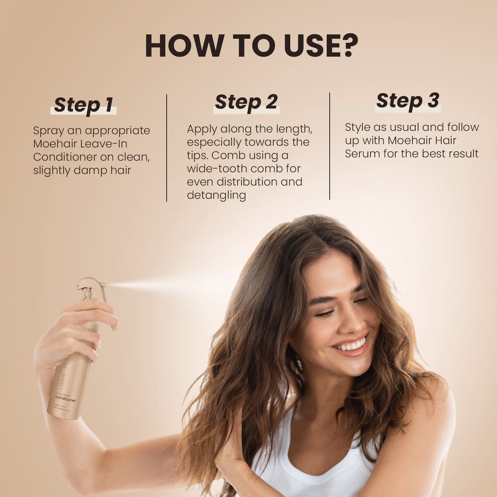 MOEHAIR Leave-in Conditioner curly-definition demonstrates defined curls with reduced frizz