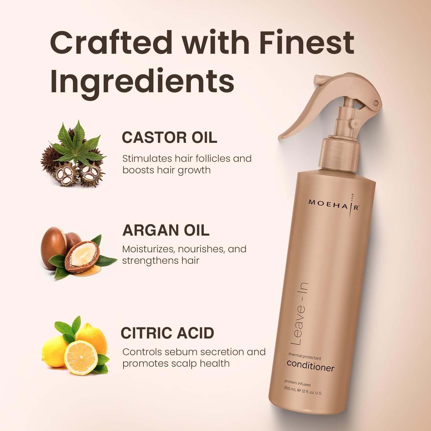 MOEHAIR Leave-in Conditioner bottle-dispense delivers quick detangling and smoother styling after washing