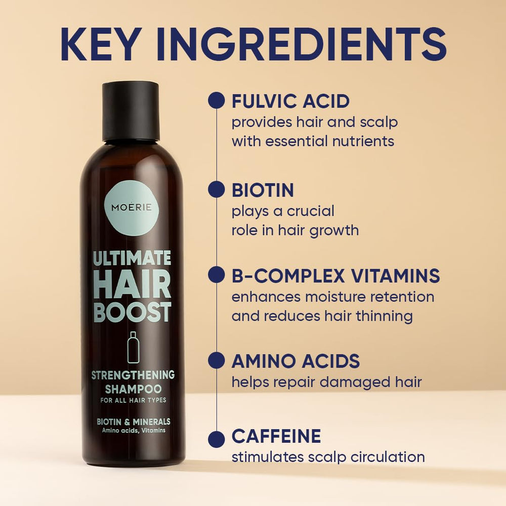Moerie ingredients display with fulvic minerals, emphasizing nutrient-rich nourishment for hair