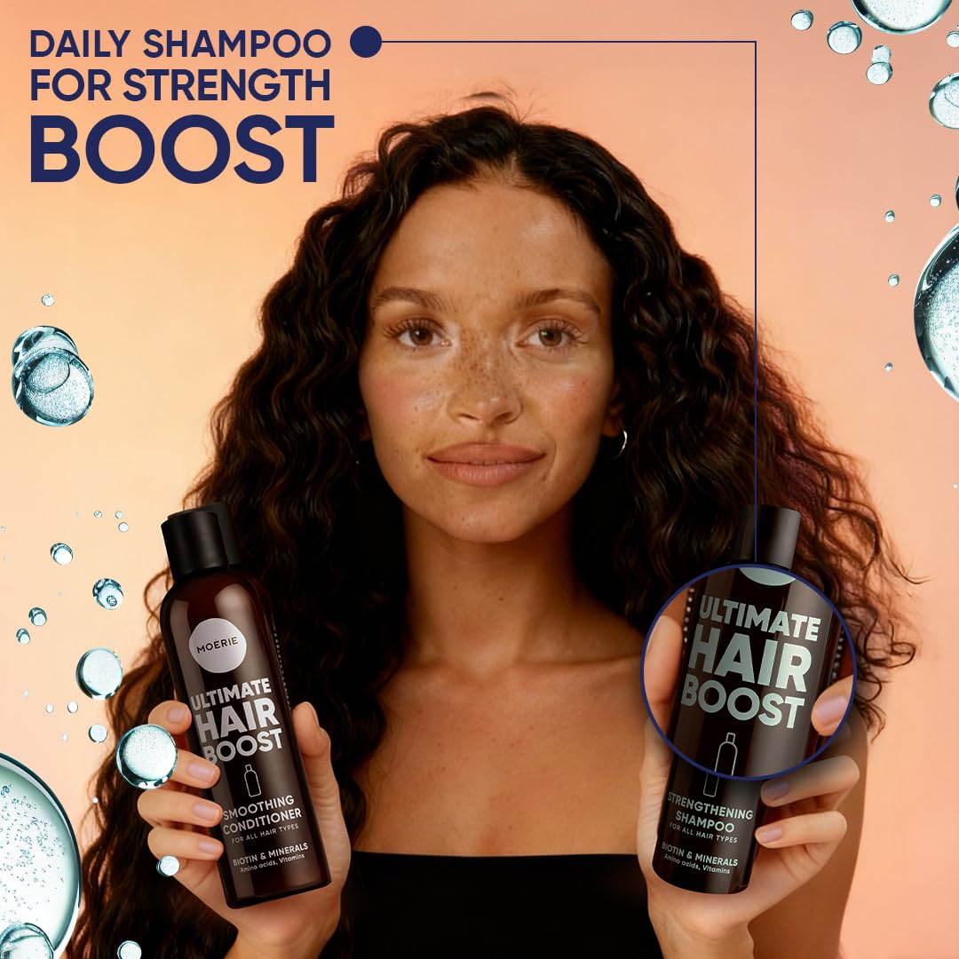 Moerie shampoo being applied in shower, illustrating a quick, simple routine