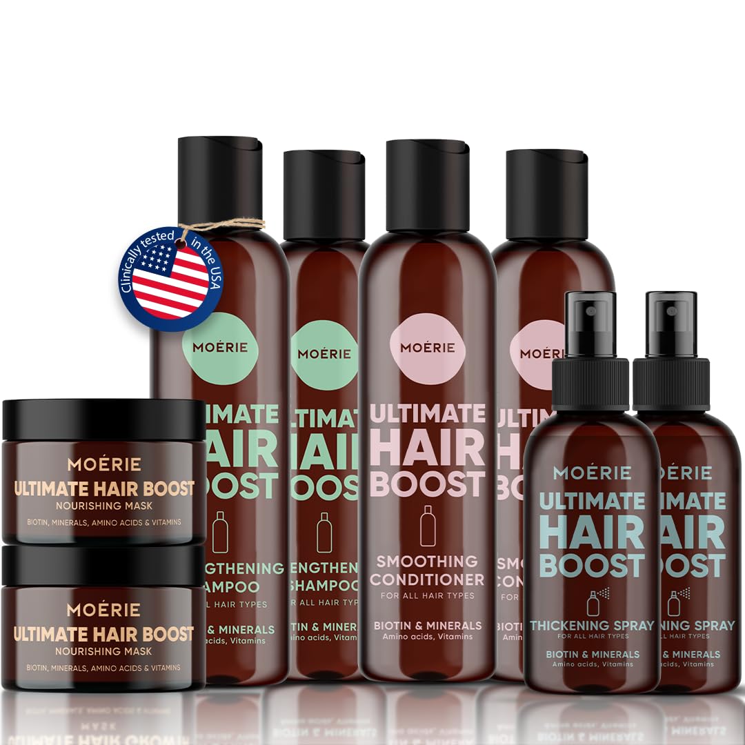 Moerie shampoo bottle closeup showing volumizing formula for thicker, fuller hair