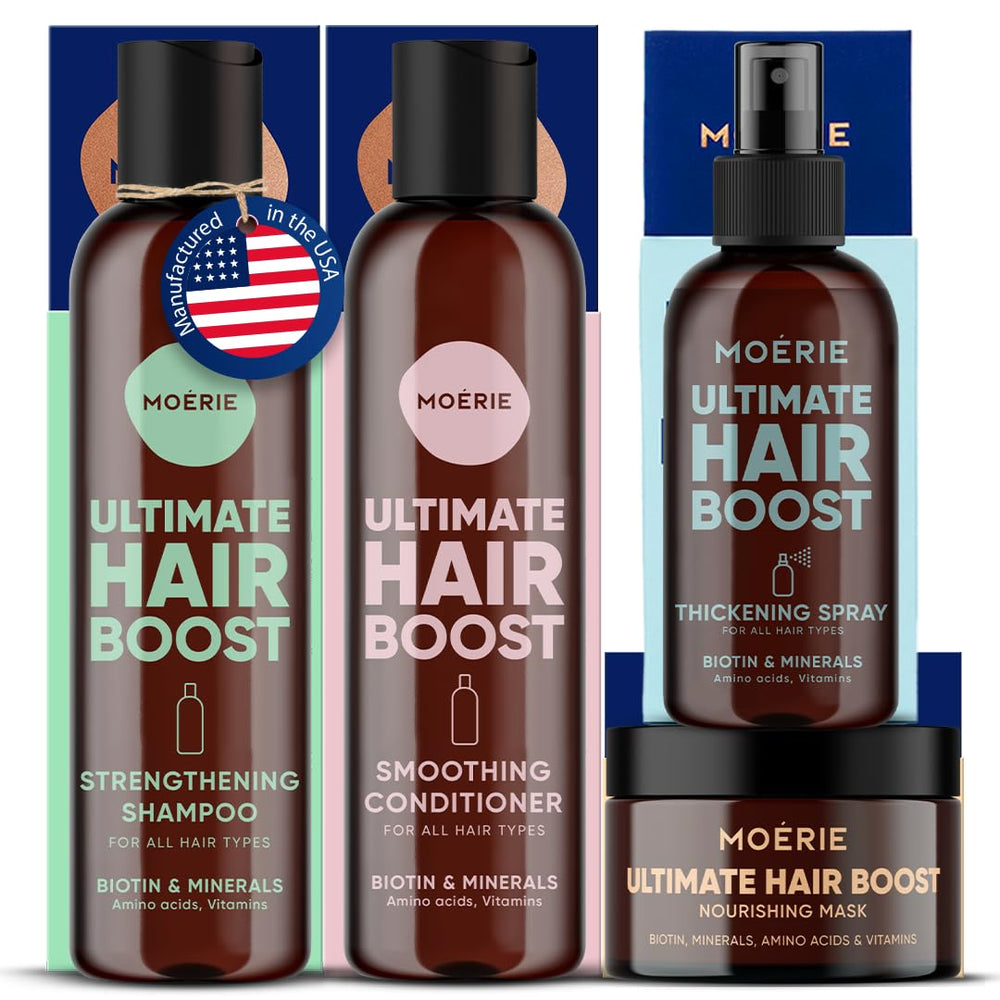 Moerie shampoo bottle front shows a nourishing formula for fuller hair.