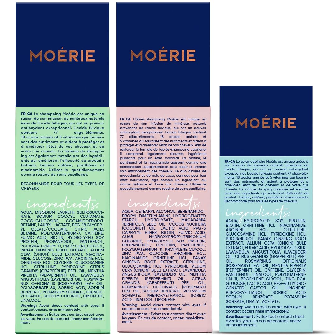 Moerie bottle with three-product set on vanity for daily hair care routine.