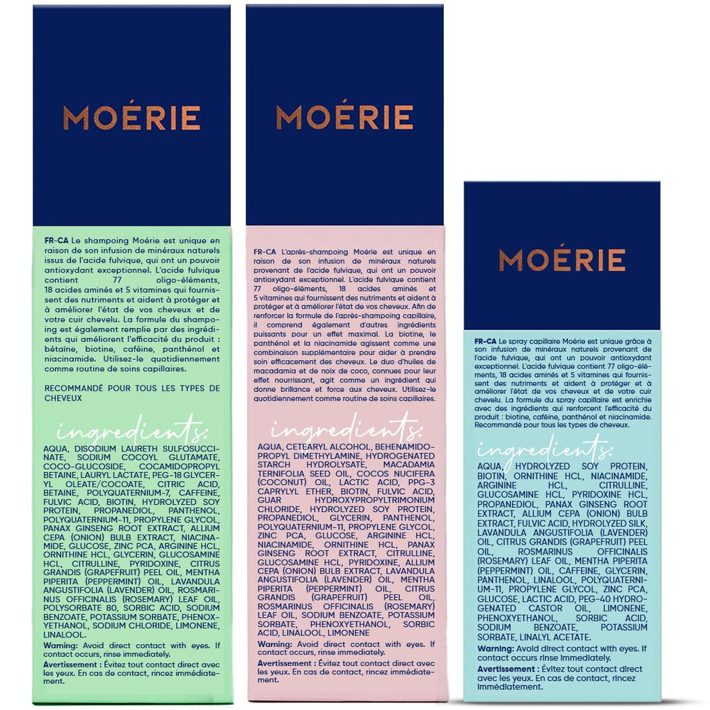 Moerie bottle with three-product set on vanity for daily hair care routine.