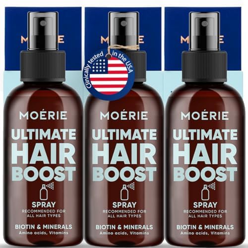 Moerie Ultimate Hair Boost Spray bottle closeup for stronger hair and refreshed scalp.
