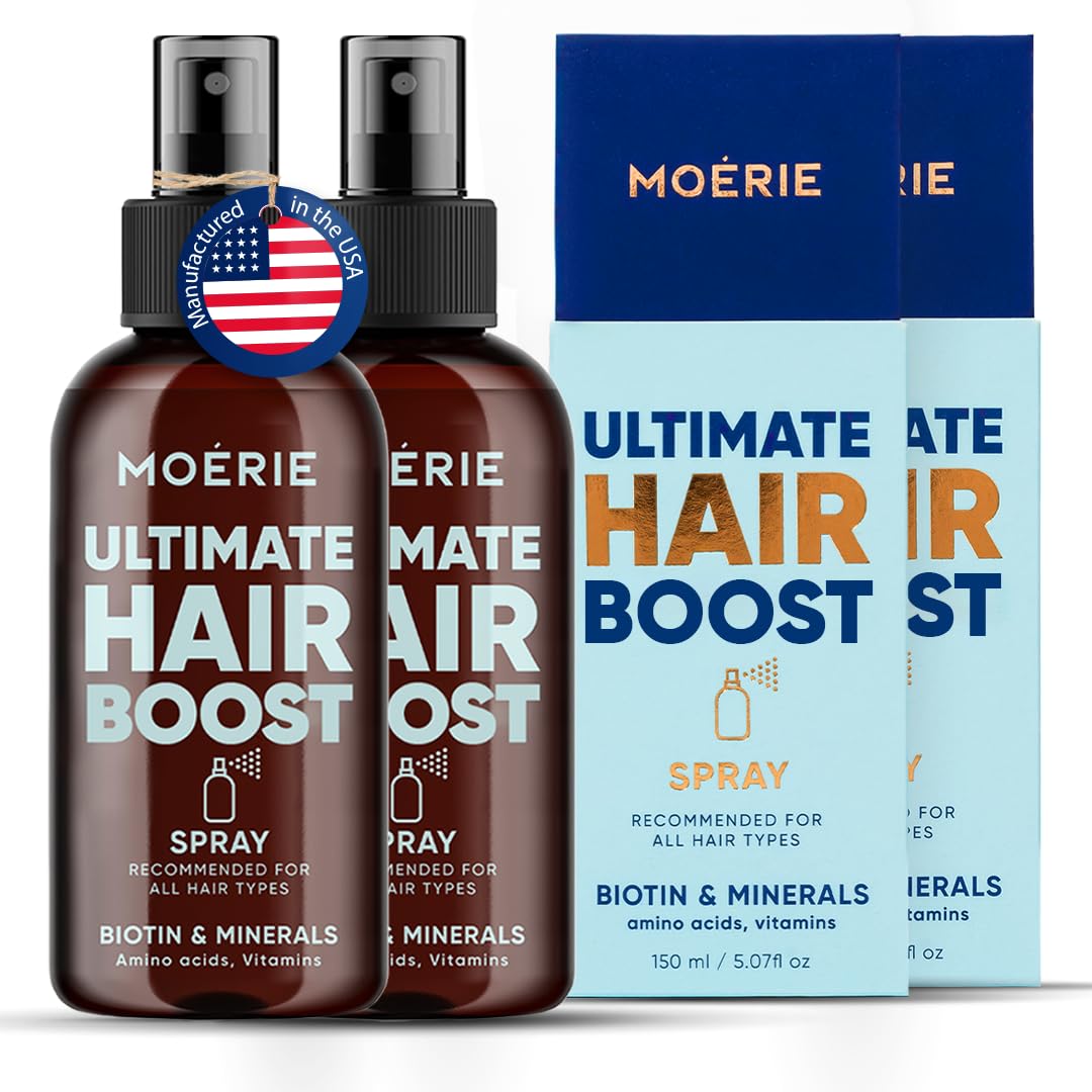 Moerie Ultimate Hair Boost Spray bottle showing mineral-rich formula for fuller, healthier-looking hair.