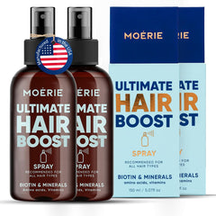 Moerie Ultimate Hair Boost Spray bottle showing mineral-rich formula for fuller, healthier-looking hair.