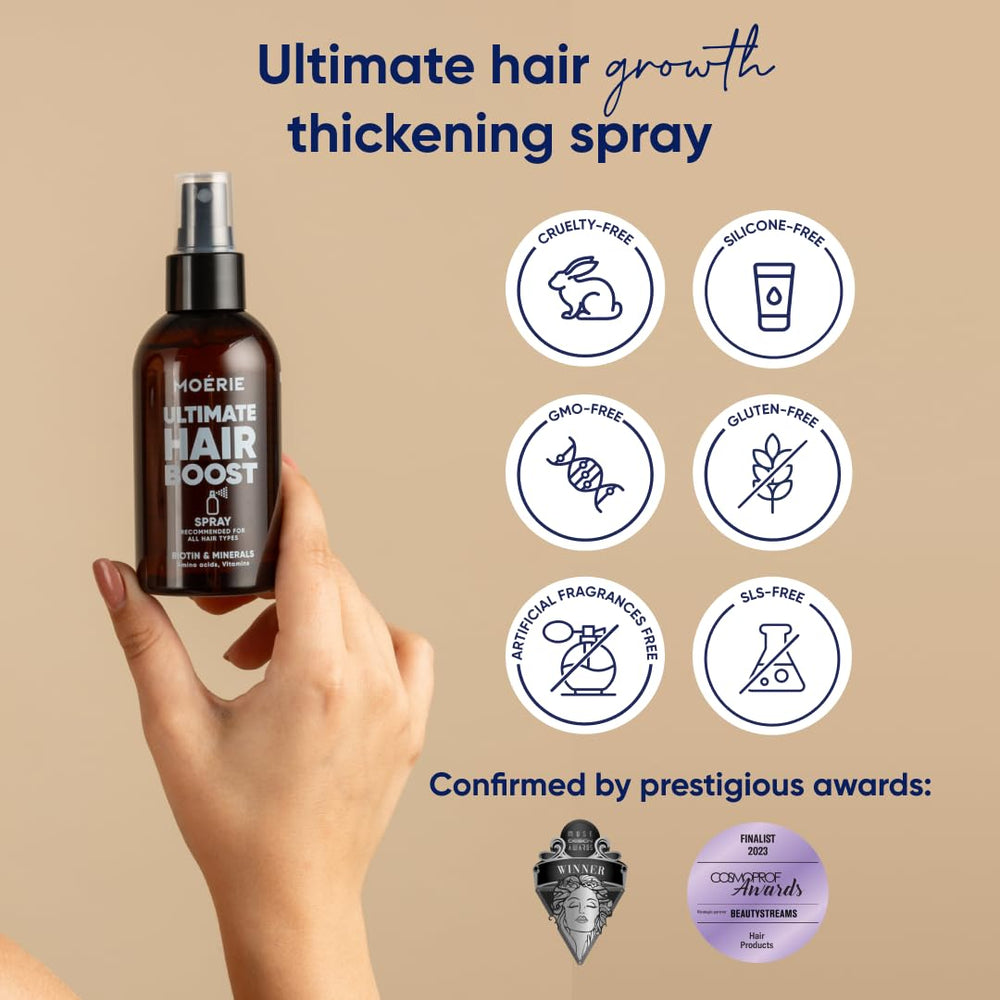 Moerie Ultimate Hair Boost Spray: ingredientes naturales que nutren y fortalecen el cabello.