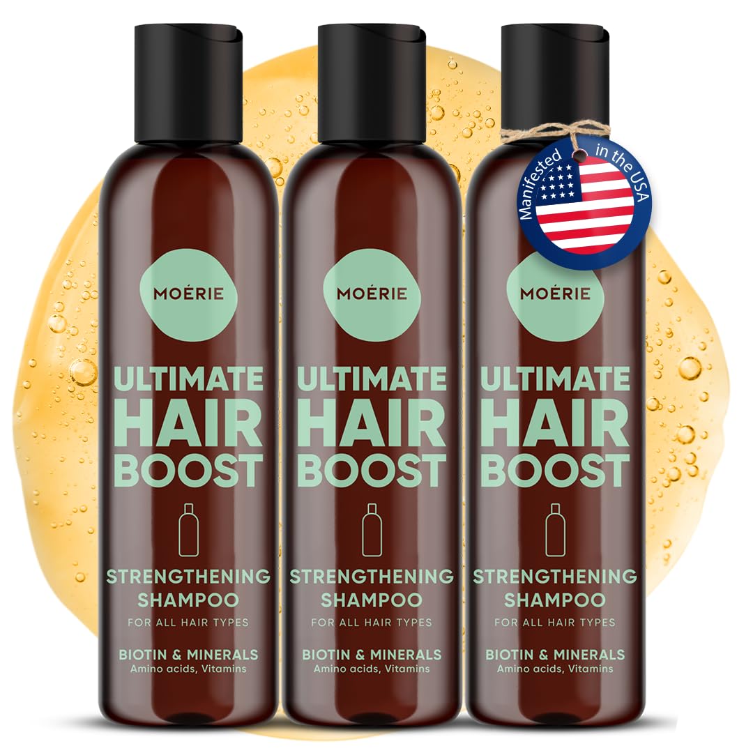 Moerie Ultimate Hair Growth Shampoo bottle on a bathroom counter promoting fuller, thicker hair