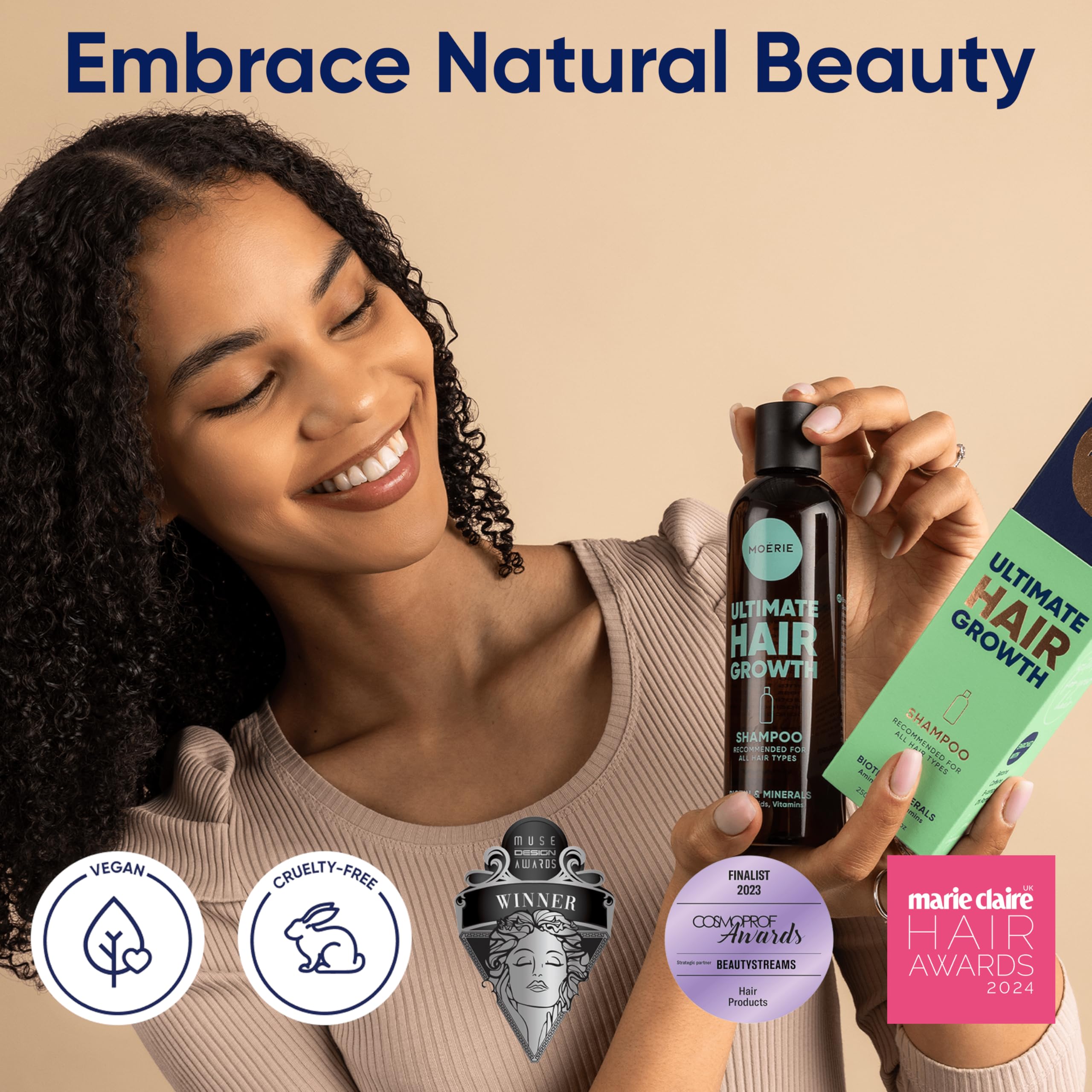 Moerie shampoo bottle back label highlighting paraben-free and silicone-free benefits