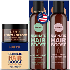 Moerie Ultimate Mineral Shampoo bottle highlighting fulvic minerals for healthier, fuller-looking hair
