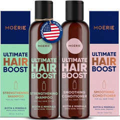 Moerie volumizing shampoo bottle showing natural thickening for fuller hair