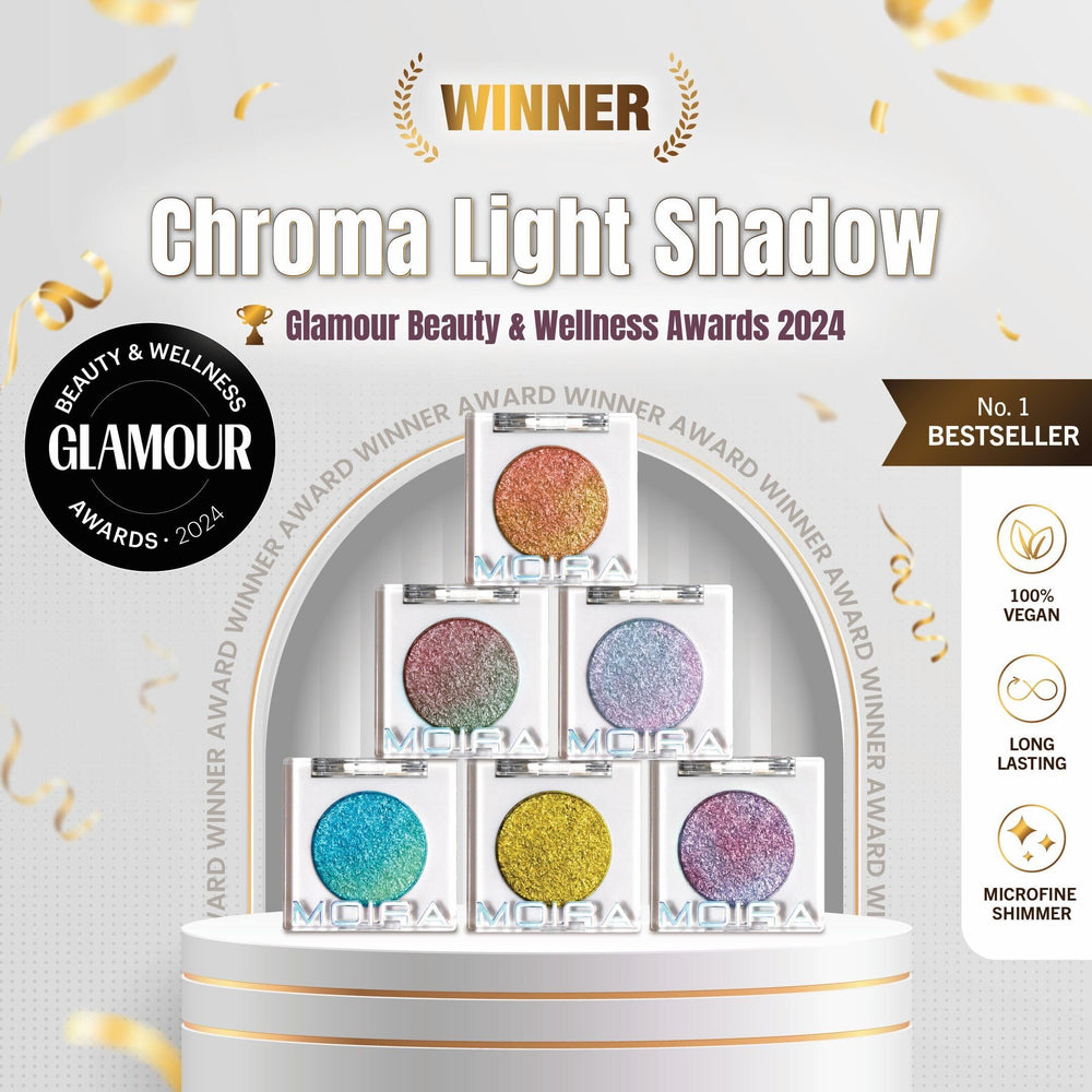 Moira Chroma Light Shadow 005 Sugar Crush worn on lid for long-lasting radiant look.