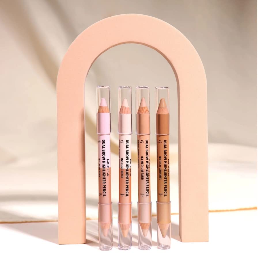 Moira Dual Brow Highlighter Pencil applied under the brow for lift and shape.