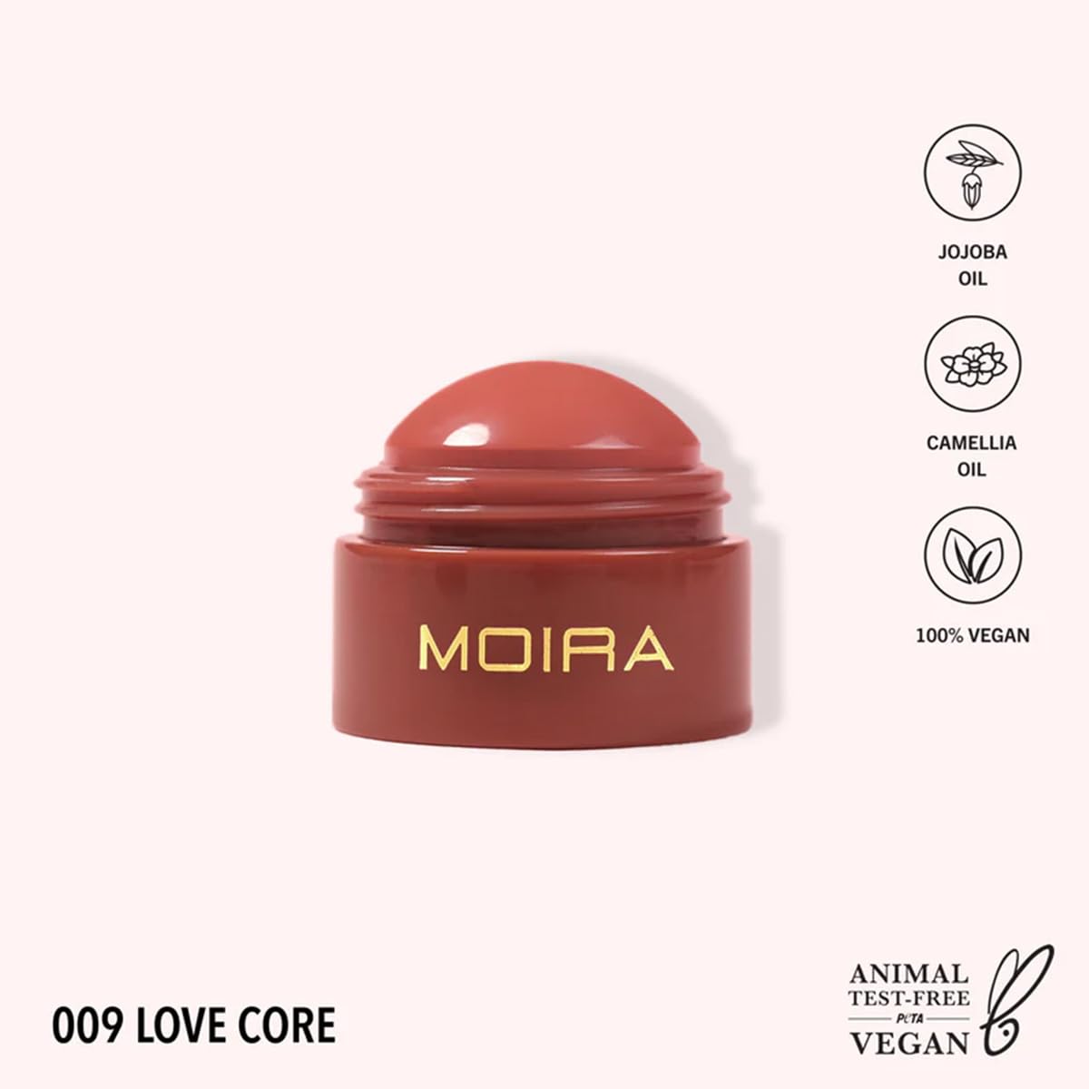 Moira Soft Blush Balm 009 Love Core aplicación rosada, acabado suave y difuminado.