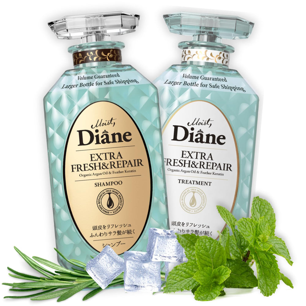 Moist Diane anti-dandruff shampoo bottle promotes scalp refresh and flake reduction.